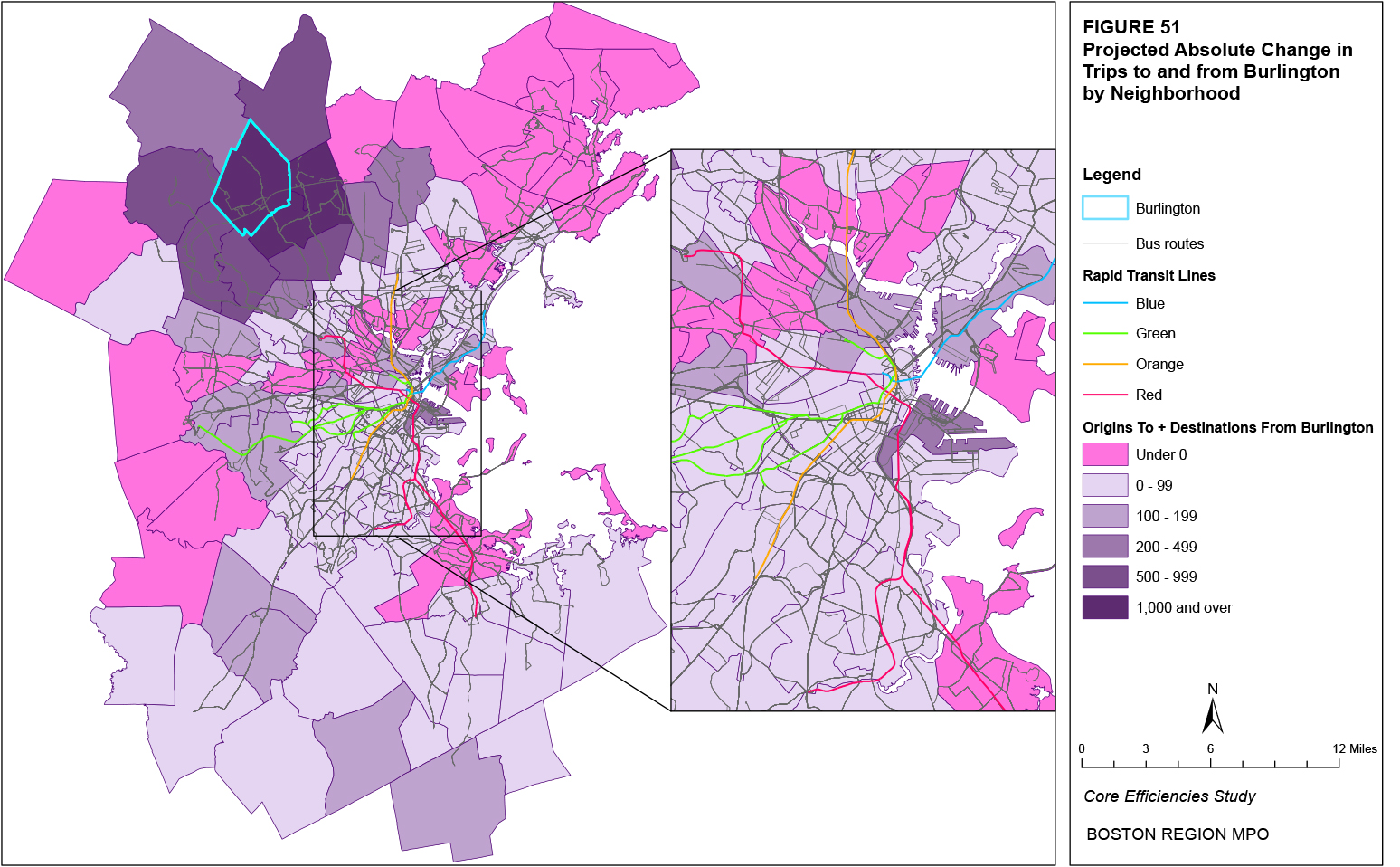 This map shows the projected absolute change in trips to and from the Burlington neighborhood by neighborhood.